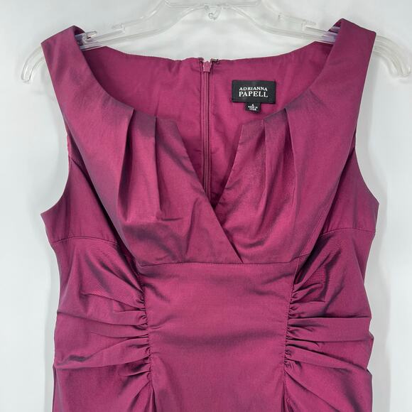 Adrianna Papell Satin Sheath Dress Sz 4 Magenta Shiny Ruching Cocktail Formal - Picture 2 of 14